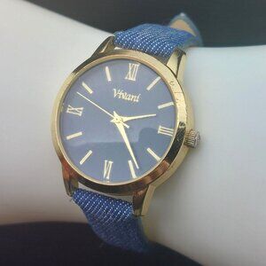 Vivani Gold & Blue Denim Wrist Watch - Stainless Steel Caseback Roman Numerals A